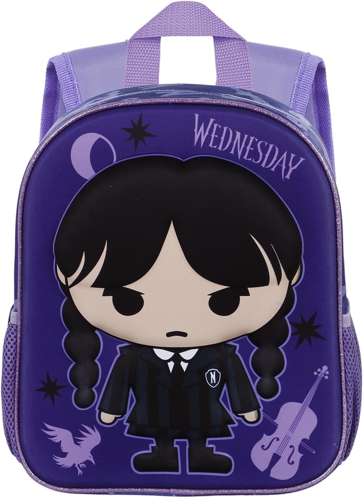 Mochila Miércoles Chibi 3D Pequeña, Lila, 26x31cm, Capacidad 8.5L