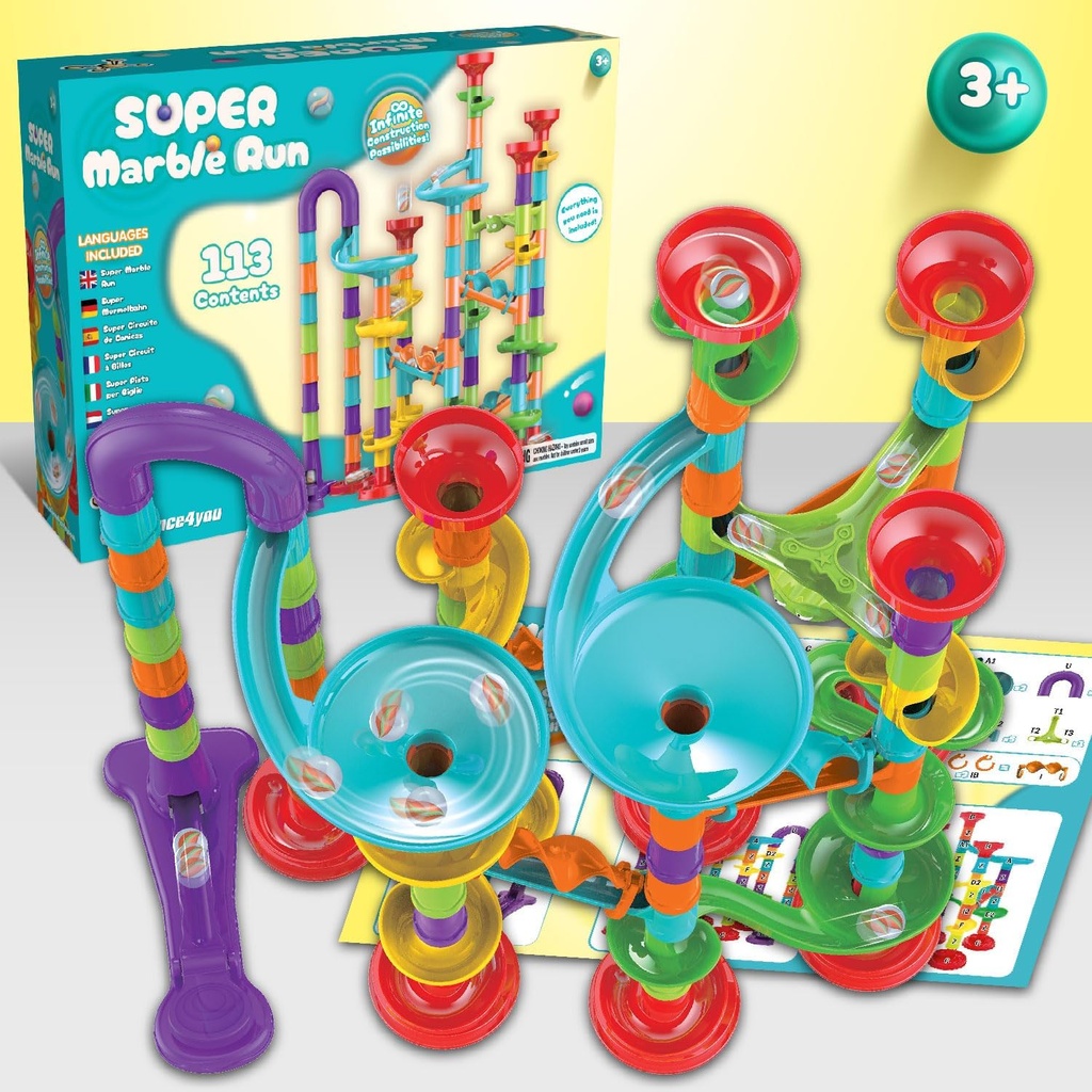 Super Circuito de Canicas para Niños - Juego con Canicas Incluidas, Marble Run + 113 Piezas, Juguetes Educativos Stem, Regalo para Niño y Niña 3+ años