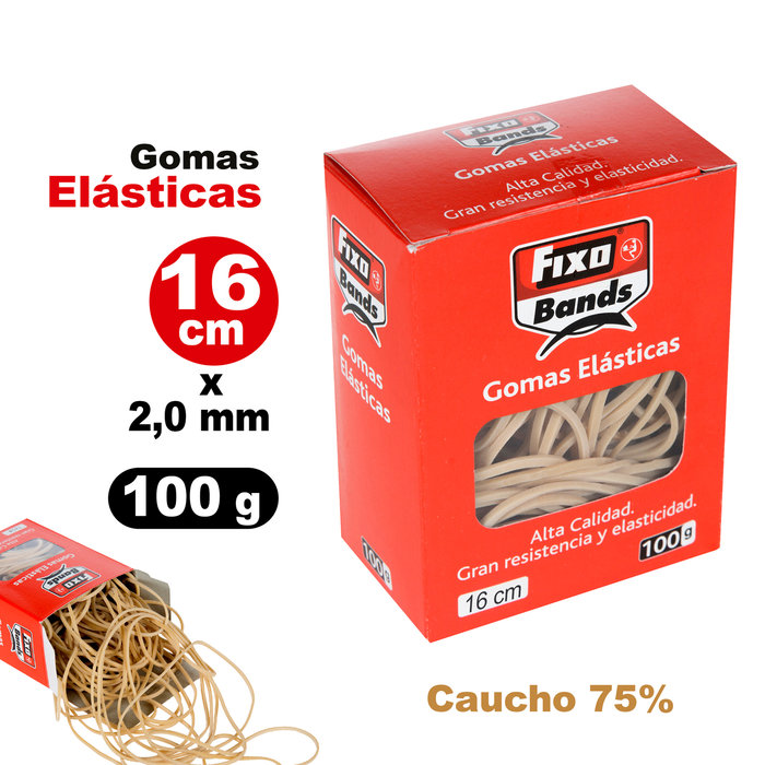 Gomas elasticas 16cmX 2mm 100gr caja Fixo