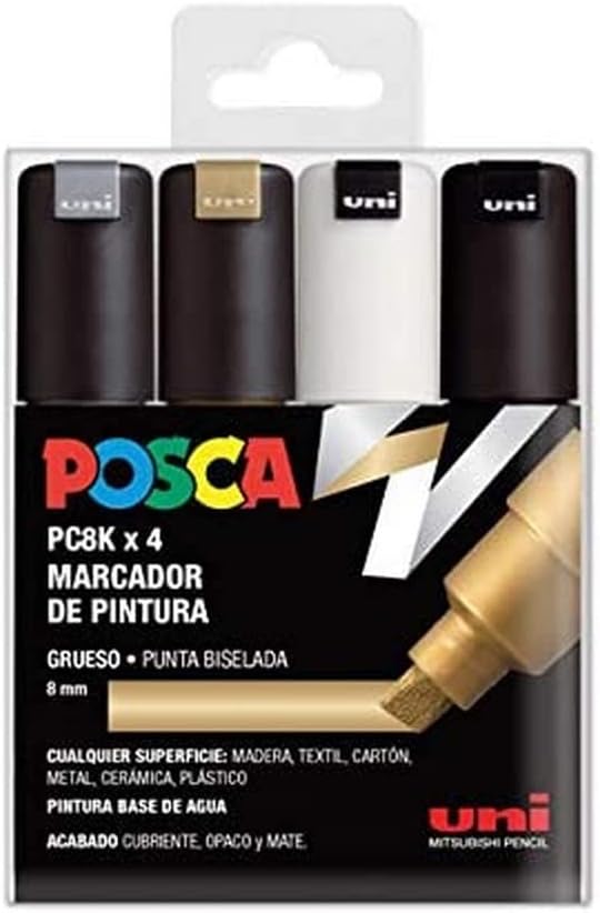 Marcador PC8K 6-8mm 4uds punta biselada plata, oro, blanco, negro Posca