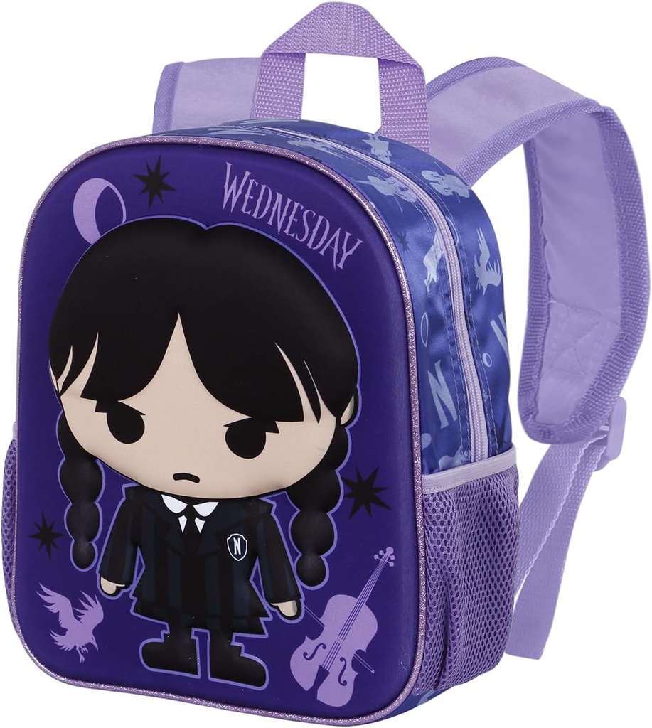 Mochila Miércoles Chibi 3D Pequeña, Lila, 26x31cm, Capacidad 8.5L