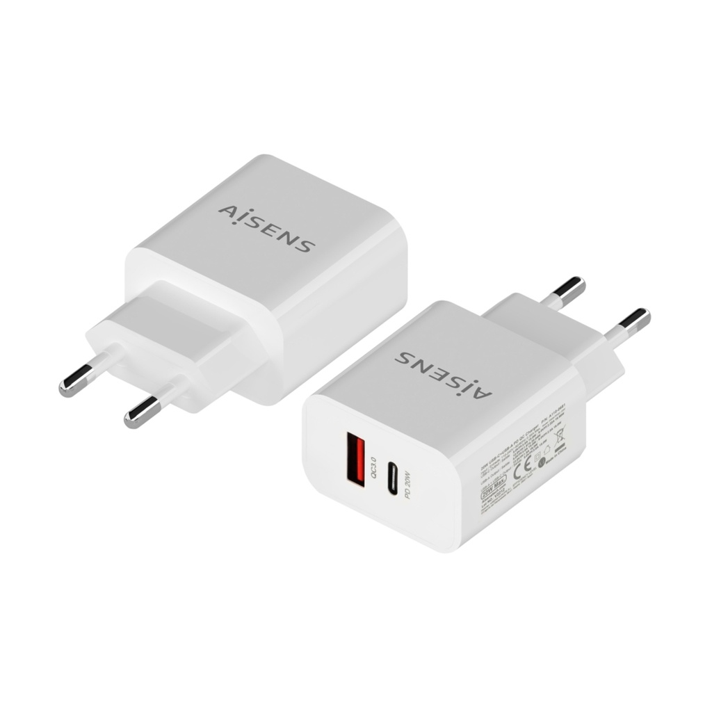 Cargador rápido usb 2xusb tipo C y 3.1 20W blanco Aisens