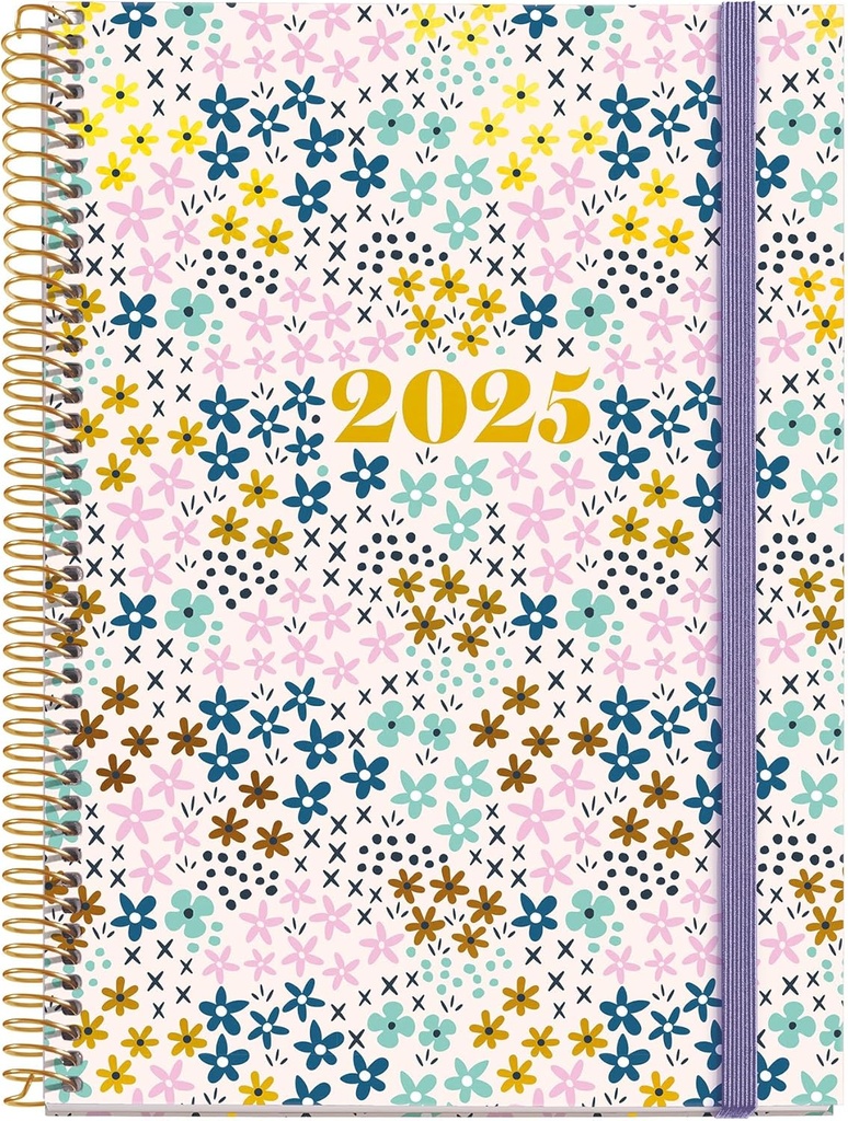 Agenda 2025, Agenda anual 155x213 mm, Agenda semana vista, Cubierta cartón forrado plastificado, Espiral, Cierre goma elástica, Papel 80 g/m², Español, Inglés y Portugués, Spring Miquelrius