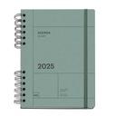 Agenda 2025, Agenda anual 155x213 mm, Agenda día página, Cubierta cartón forrado, Papel sostenible 100 g/m², Cierre goma, Español, Inglés y Portugués, Verde