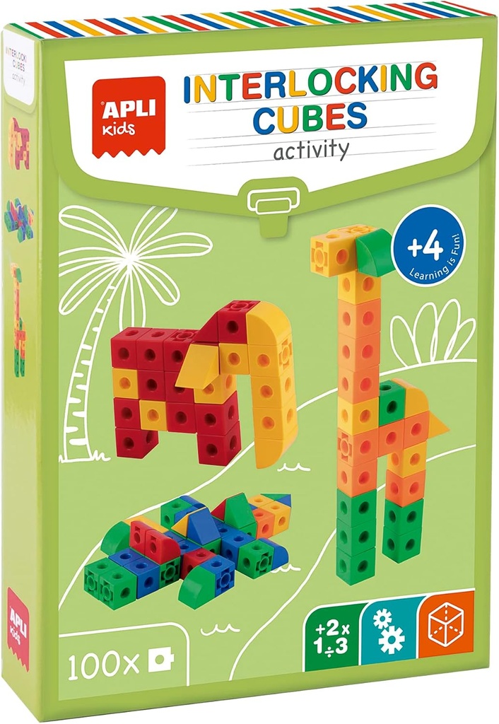 Juego de construcción Interlocking Cubes - 100 piezas para construir vehículos, animales y personajes - Incluye 8 fichas con ejemplos +4a  Apli