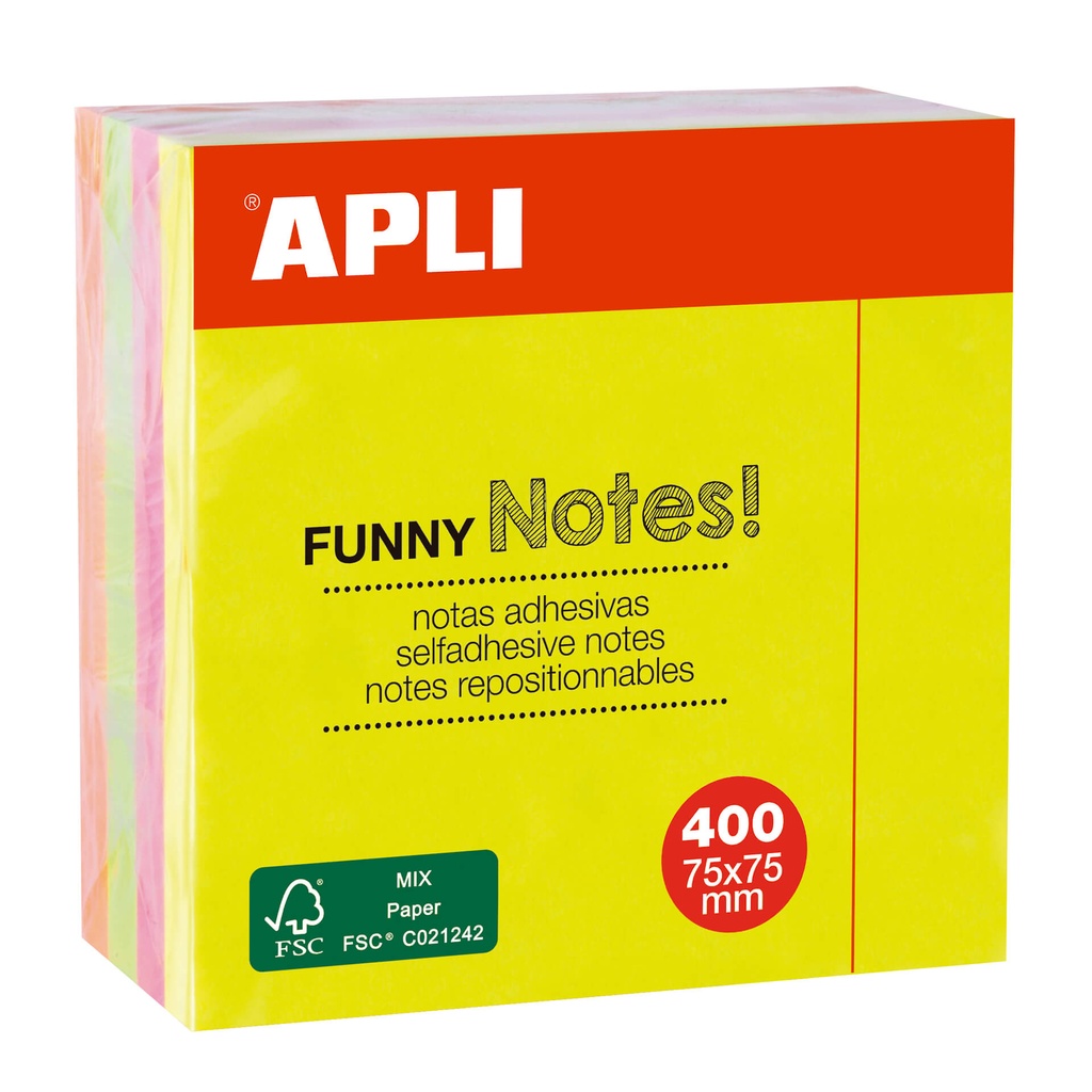 Notas adhesivas FUNNY 75x75mm cubo de 400h 4 colores surtidos fluorescente Apli