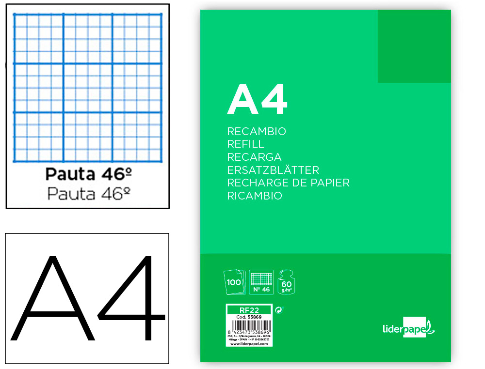 Recambio Pauta 46 Fº 60g 100h 4T Milimetrado Liderpapel