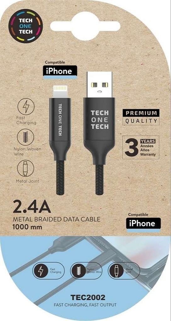 [TEC2002] Cable USB a LIGHTNING 1.0m negro Tech One Tech