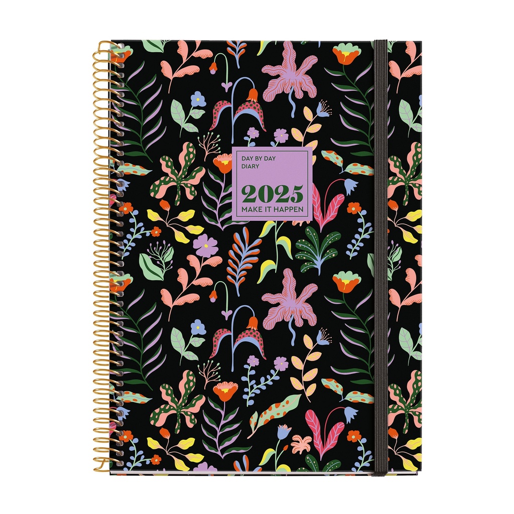 [MR34184] Agenda 2025, Agenda anual 155x213 mm, Agenda día página, Cubierta cartón forrado plastificado, Espiral, Cierre goma elástica, Papel 80 g/m², Español, Inglés y Portugués, Fantasy garden