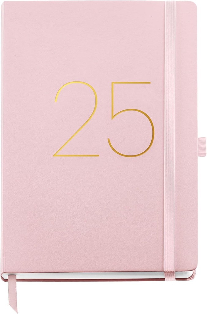 [MR22267] Agenda 2025, Agenda anual 155x213 mm, Agenda semana vista, Cubierta flexible símil piel cosida, Cierre goma, Bolsillo interior, Papel 80 g/m², Español, Inglés y Portugués, Rosa Miquelrius