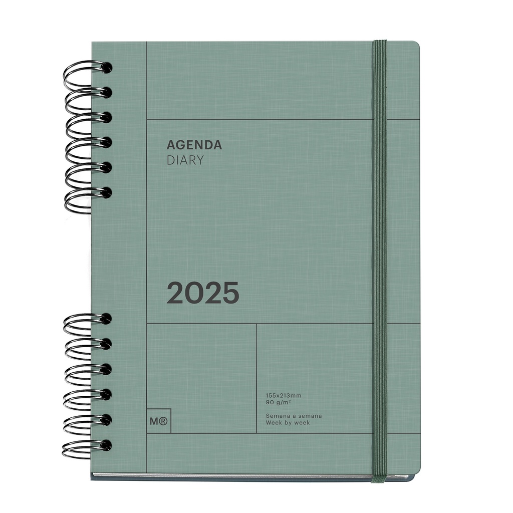 [MR34795] Agenda 2025, Agenda anual 155x213 mm, Agenda semana vista, Cubierta cartón forrado, Papel sostenible 100 g/m², Cierre goma, Español, Inglés y Portugués, Verde