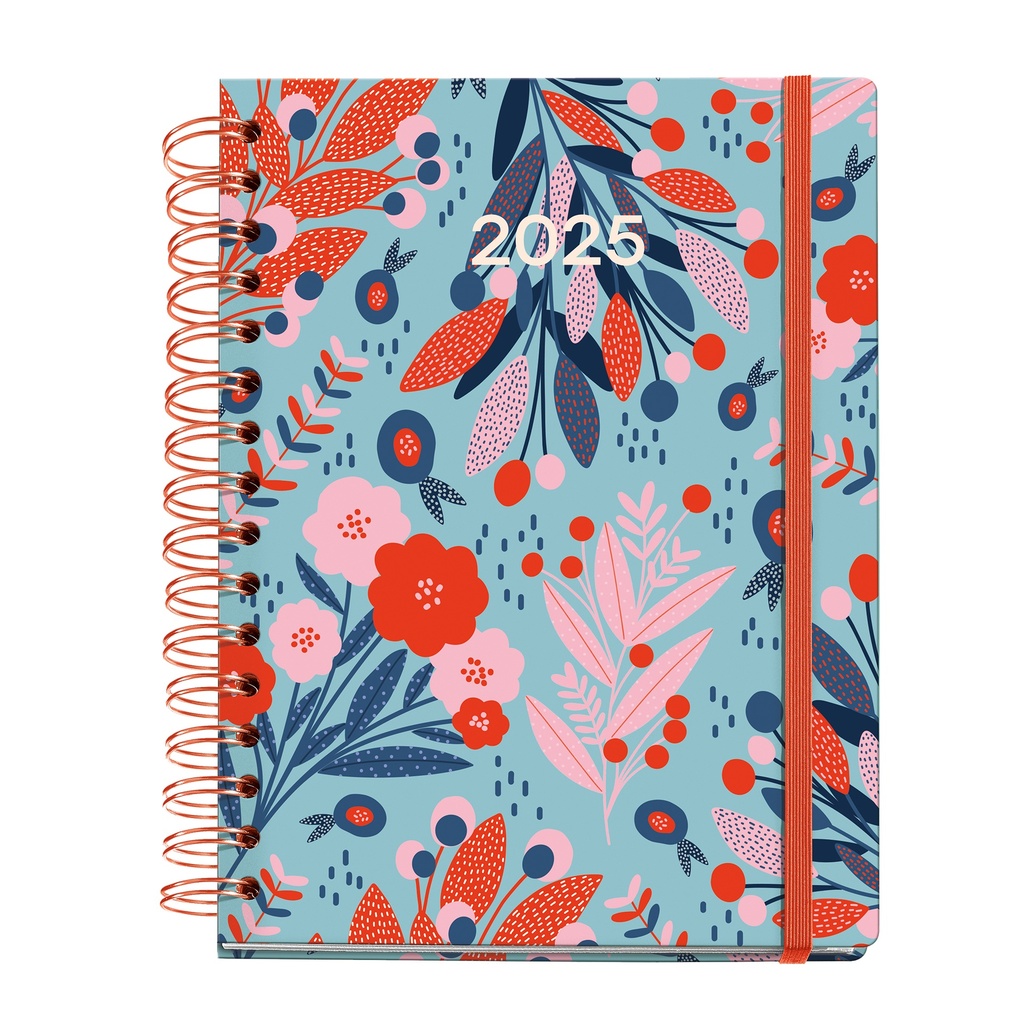 [MR34285] Agenda 2025, Agenda anual 164x218 mm, Agenda día página, Doble espiral, Cubierta cartón plastificado, Papel 100 g/m², 6 idiomas, Stickers, Diseño exclusivo Printed Picnic, Red