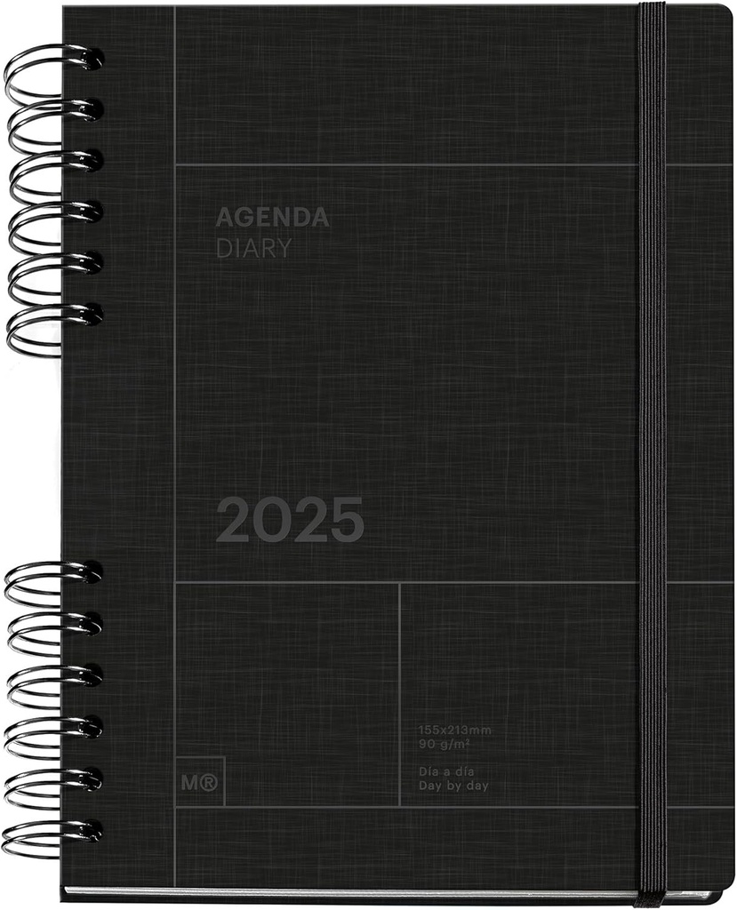 [MR34788] Agenda 2025, Agenda anual 155x213 mm, Agenda día página, Cubierta cartón forrado, Papel sostenible 100 g/m², Cierre goma, Español, Inglés y Portugués, Negro Miquelrius