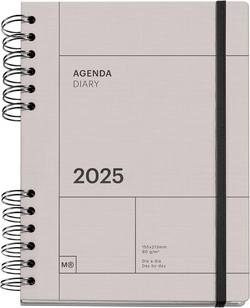 [MR34789] Agenda 2025, Agenda anual 155x213 mm, Agenda día página, Cubierta cartón forrado, Papel sostenible 100 g/m², Cierre goma, Español, Inglés y Portugués, Gris Miquelrius