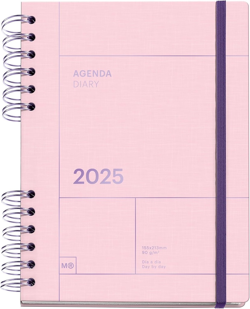 [MR34791] Agenda 2025, Agenda anual 155x213 mm, Agenda día página, Cubierta cartón forrado, Papel sostenible 100 g/m², Cierre goma, Español, Inglés y Portugués, Rosa Miquelrius