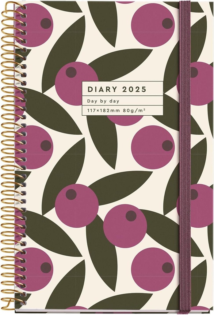 [MR38260] Agenda 2025, Agenda anual 117x182 mm, Agenda día página, Cubierta cartón forrado plastificado, Espiral, Cierre goma elástica, Papel 80 g/m², Español, Inglés y Portugués, Oliva