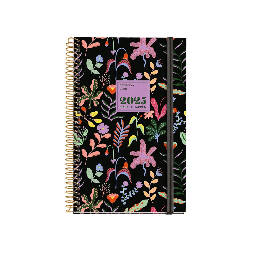 [MR38261] Agenda 2025, Agenda anual 117x182 mm, Agenda día página, Cubierta cartón forrado plastificado, Espiral, Cierre goma elástica, Papel 80 g/m², Español, Inglés y Portugués, Fantasy garden