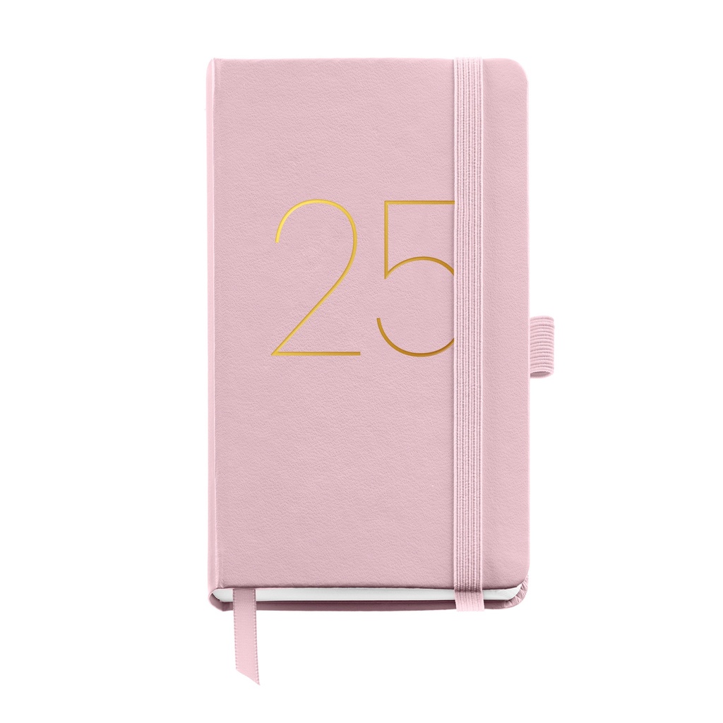 [MR31264] Agenda 2025, Agenda anual 90x140 mm, Agenda semana vista, Cubierta flexible símil piel cosida, Cierre goma, Bolsillo interior, Papel 80 g/m², Español, Inglés y Portugués, Rosa Miquelrius