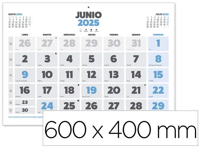 [170633] Calendario pared clasico 2025 lomo engomado 60x40 cm papel 105 gr. Liderpapel