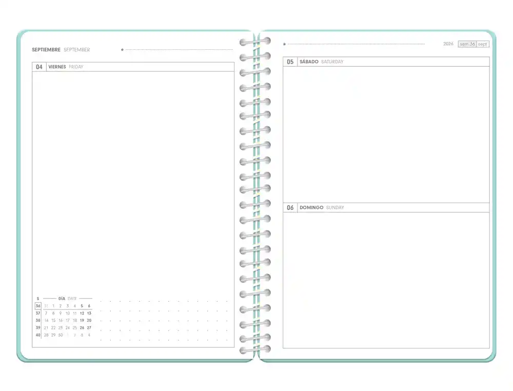  Agenda escolar  26-27 espiral essentials día página A5+ bilingue 80g FSC azul turquesa Antartik