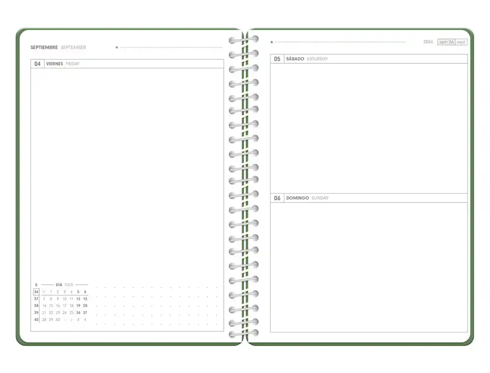 Agenda escolar 26-27 espiral essentials día página A5+ bilingue 80g FSC verde Antartik
