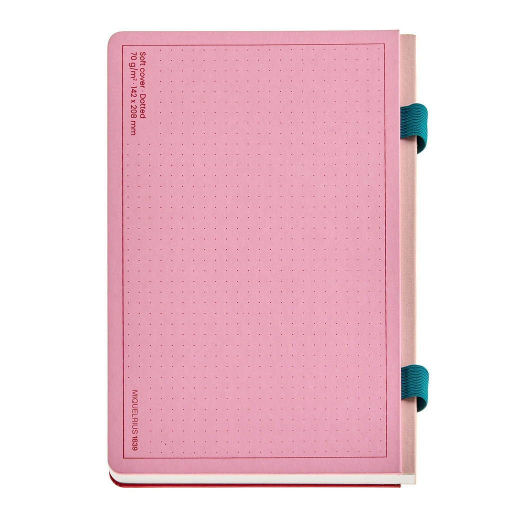 Libreta A5 con doble interior, 86 hojas lisas y 10 punteadas dots, Cubierta de cartón, Lomo de tela, Papel marfil de 70 g/m², Goma portabolígrafos Miquelrius