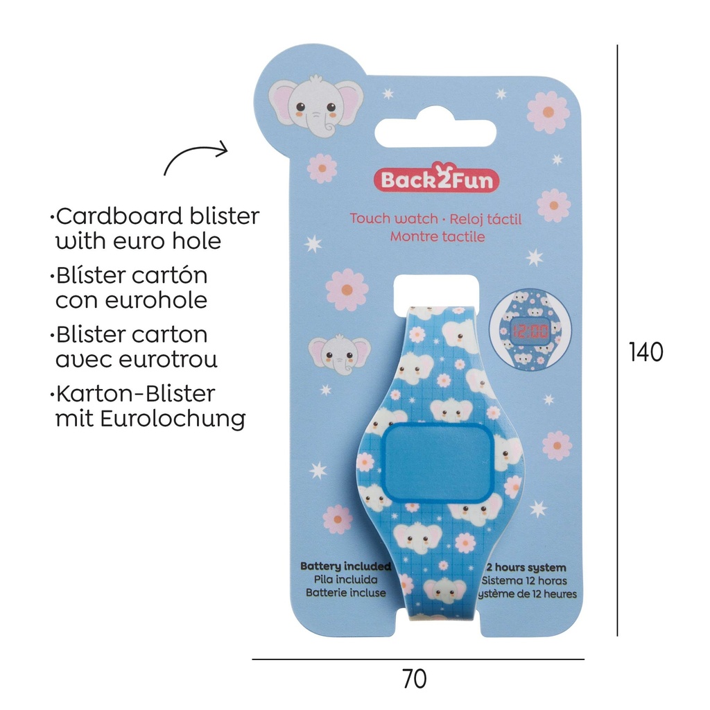 Reloj Infantil Digital redondo, Pantalla Led Táctil, Sistema de 12 Horas, Pila Incluida, Correa de Silicona, Regalo para Niños y Niñas, Medidas 40x225x5mm Back2Fun