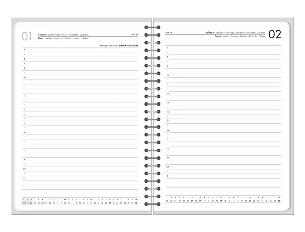 Agenda 2027 espiral Syros día página A5 bilingue 60g FSC Liderpapel