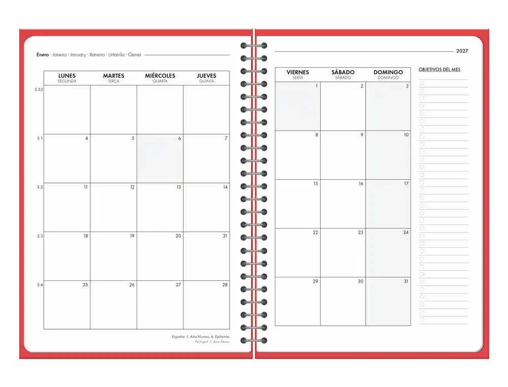 Agenda espiral 2027 Basic día página A6 bilingüe 60g FSC Liderpapel