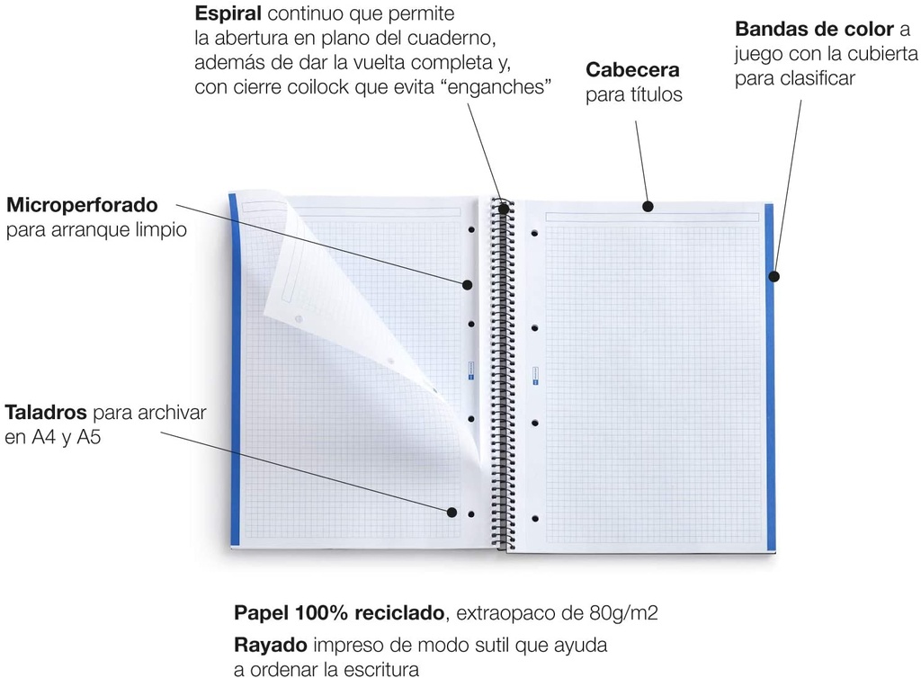 Cuaderno espiral 5X5 A5 80g 80h 2T T/D Ecomaps MR