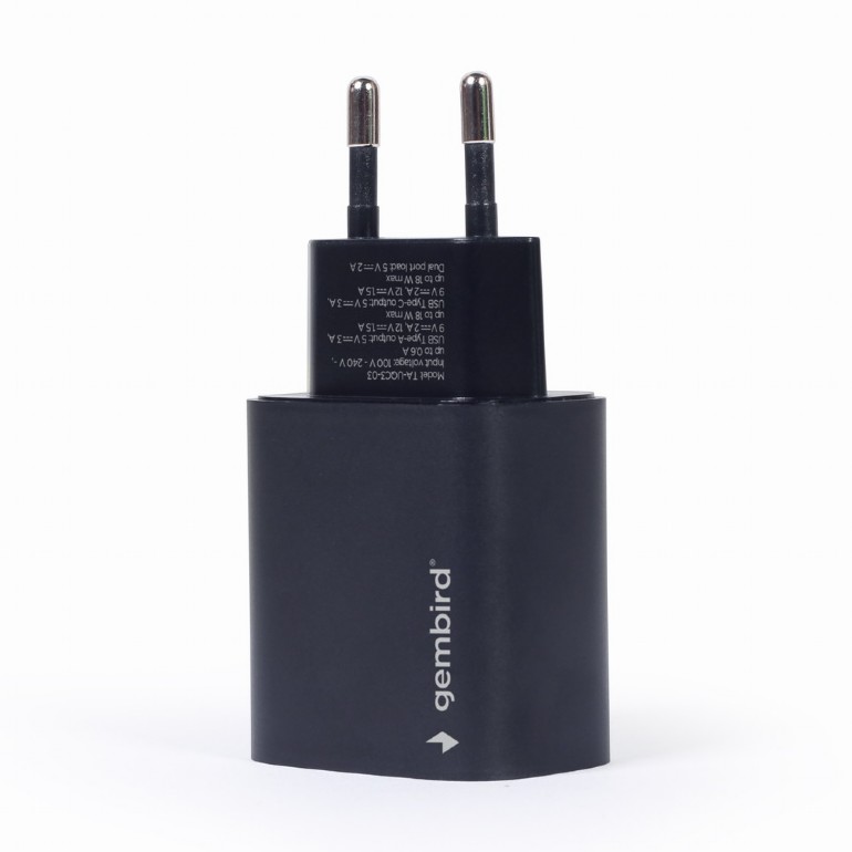 Cargador rápido usb 2xusb tipo C y 3.1 18 W negro Gembird