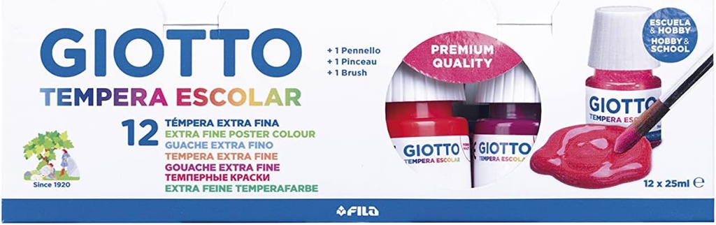 Tempera escolar 25ml 12 colores + pincel Giotto