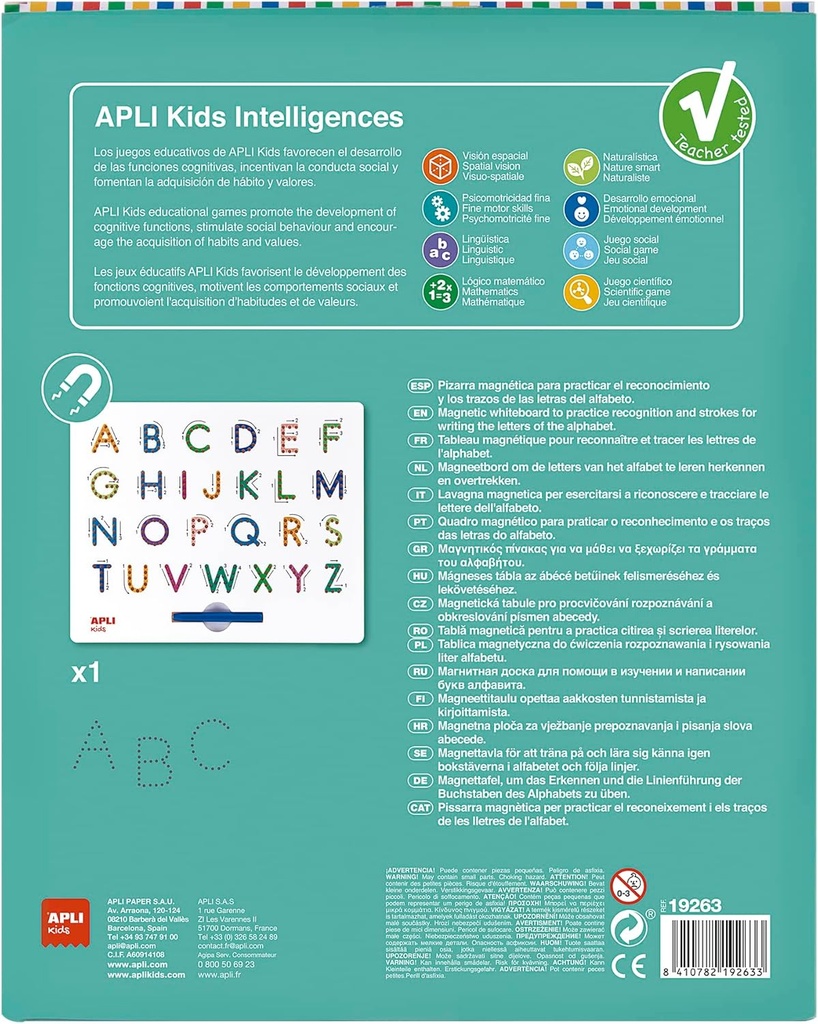 Pizarra educativa magnética - Letras ABC - Aprende a escribir el abecedario, incluye lápiz imantado Apli +3a