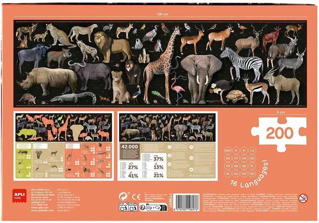 Puzzle 200 Piezas de los Animales de la Sabana en Riesgo de extincción, Multicolor +5a Apli