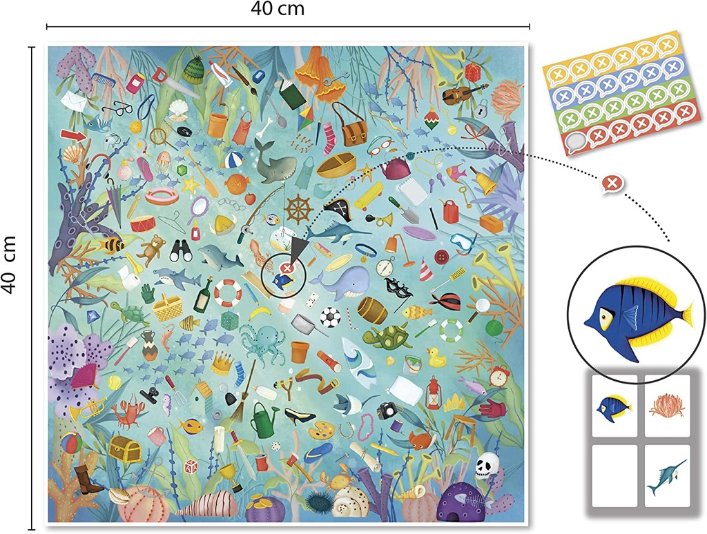 Juego de observación Save the Ocean - Tablero de 40 x 40 cm, 50 cartas y 24 stickers Apli +3