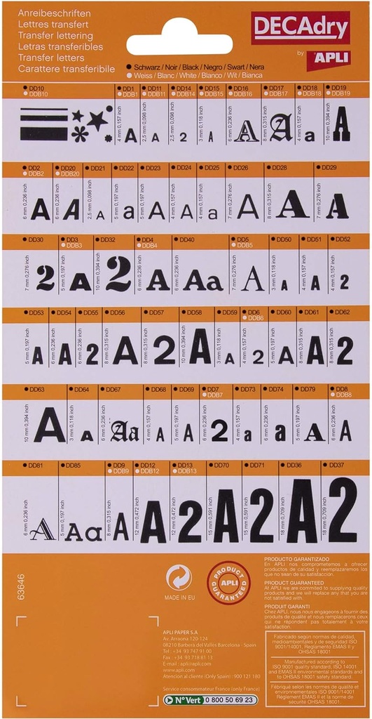 Letras y números transferibles negros super 6mm 390 caracteres Apli