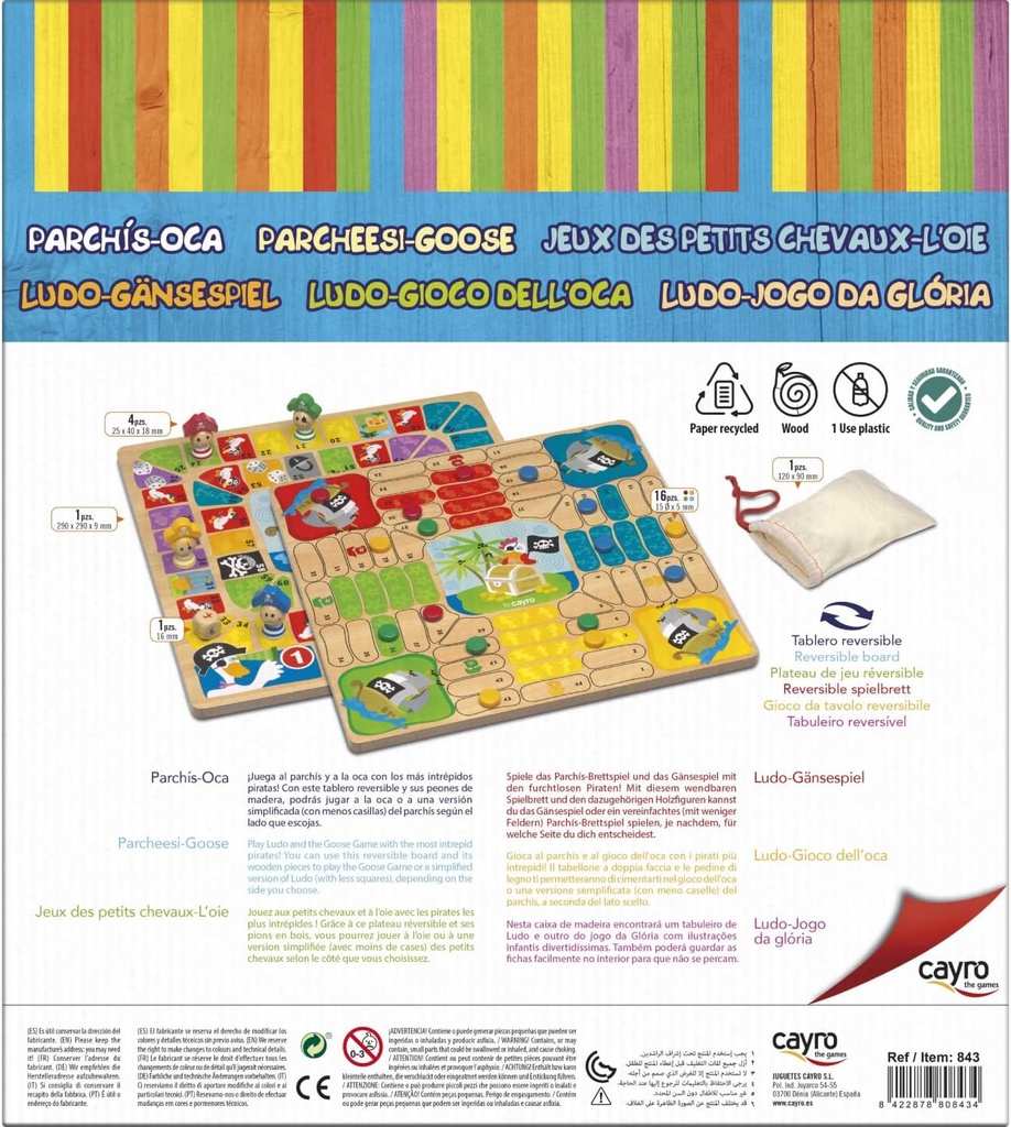 Parchís y Oca - + 5 Años - Modelo Piratas - Doble Juego de Mesa para Niños y Adultos - Tablero Reversible y Piezas de Madera - 2 a 4 Jugadores Cayro