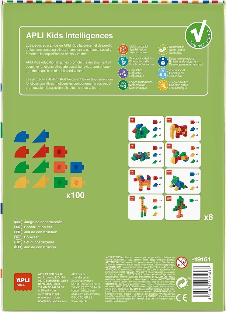 Juego de construcción Interlocking Cubes - 100 piezas para construir vehículos, animales y personajes - Incluye 8 fichas con ejemplos +4a  Apli