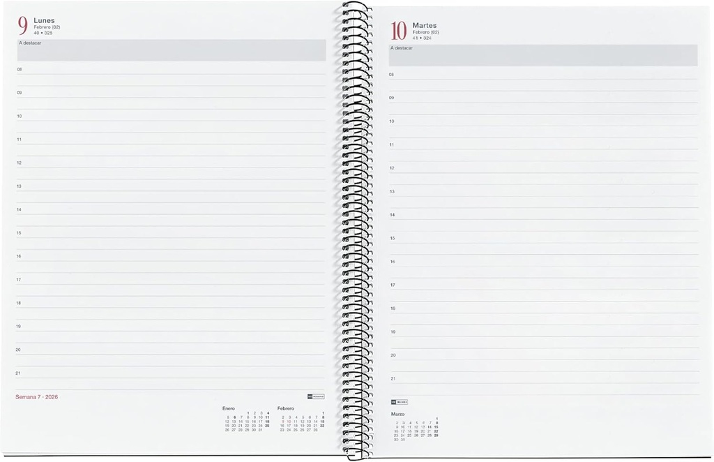 Agenda 2026 día por página, Más pequeña que A4 (210 x 270 mm), Cubierta flexible polipropileno, Espiral, Papel 80 g/m², Planificador diario, Español-EN-PT, Color negro Miquelrius