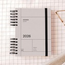 Agenda 2026 día por página, Similar A5+ (160.5 x 218 mm), Planificación diaria, Tapa texturizada, Papel 100 g/m², Cierre elástico, Espiral metálico dividido, Español-EN-PT, Gris Miquelrius