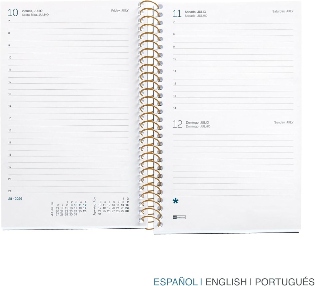 Agenda 2026 día por página, Similar A6+ (117 x 182 mm), Planificación diaria, Cubierta rígida cartón, Espiral, Cierre goma elástica, Papel 80 g/m², Español-EN-PT, Noir garden Miquelrius