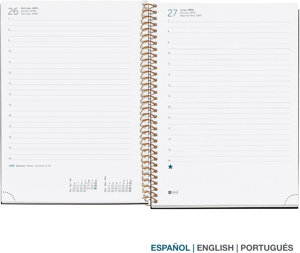 Agenda 2026 día por página, Similar A5+ (155 x 213 mm), Planificación diaria, Cubierta rígida cartón, Espiral, Cierre goma elástica, Papel 80 g/m², Español-EN-PT, Confeti Miquelrius