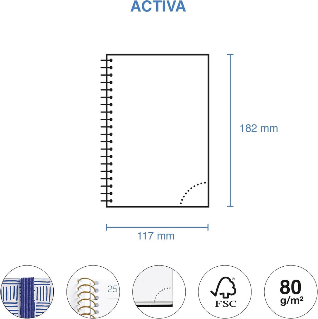 Agenda 2026 semana vista, Similar A6+ (117 x 182 mm), Planificación semanal, Cubierta rígida cartón, Espiral, Cierre goma elástica, Papel 80 g/m², Español-EN-PT, Trazos Miquelrius