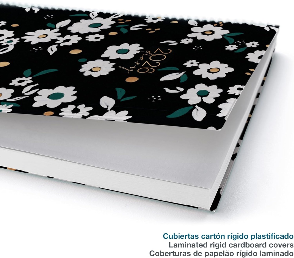Agenda 2026 día por página, Similar A5+ (155 x 213 mm), Planificación diaria, Cubierta rígida cartón, Espiral, Cierre goma elástica, Papel 80 g/m², Español-EN-PT, Noir garden Miquelrius