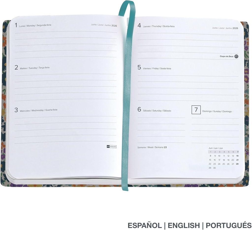 Agenda 2026 semana vista, Fácil de llevar (122 x 168 mm), Planificación semanal, Cubierta rígida cartón, Espiral, Cierre goma elástica, Papel 80 g/m², Español-EN-PT, Flowers Miquelrius