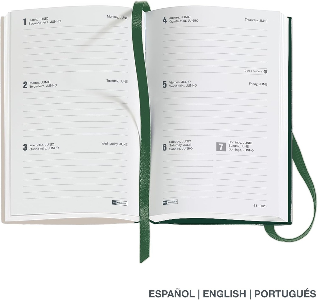 Agenda 2026 semana vista, Formato pequeño (90 x 140 mm), Planificación semanal, Cubierta rígida cartón, Espiral, Cierre goma elástica, Papel 80 g/m², Español-EN-PT, Mini garden Miquelrius