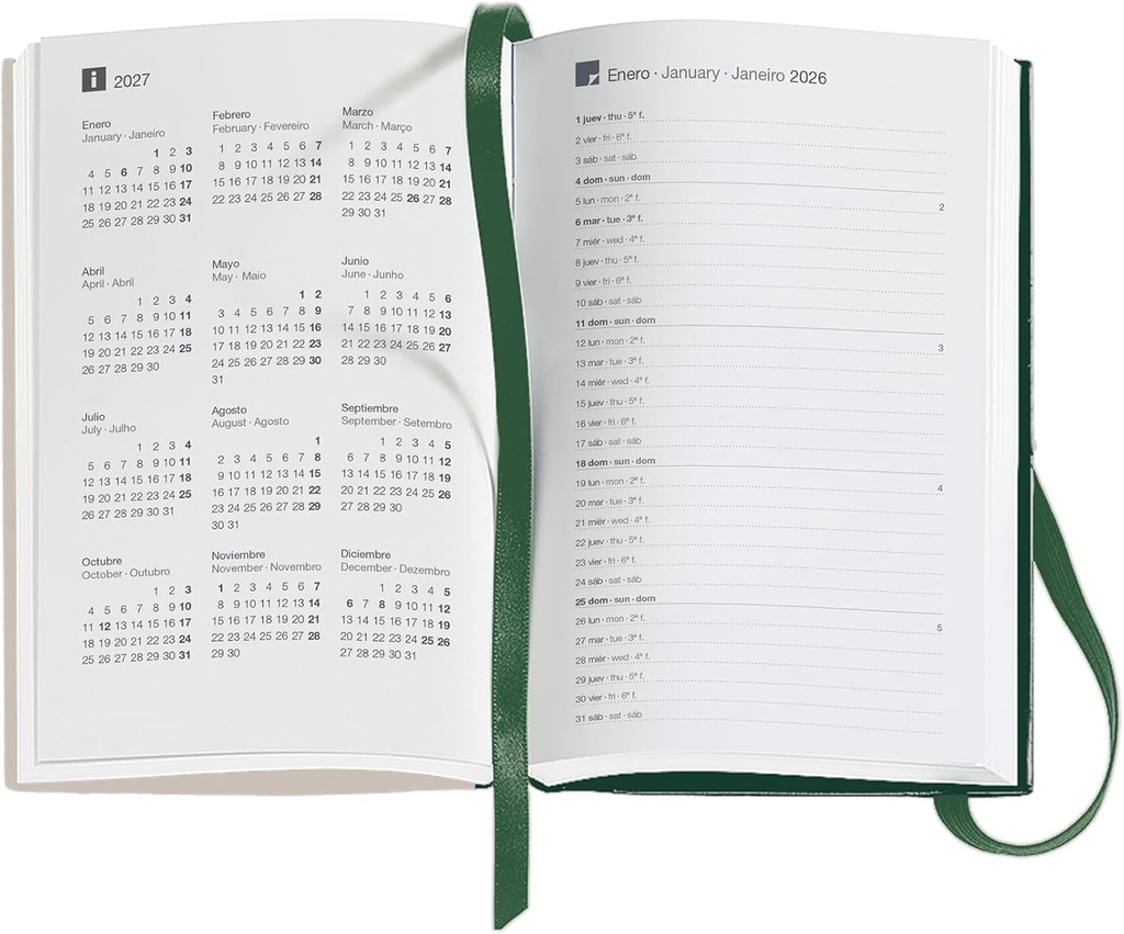 Agenda 2026 semana vista, Formato pequeño (90 x 140 mm), Planificación semanal, Cubierta rígida cartón, Espiral, Cierre goma elástica, Papel 80 g/m², Español-EN-PT, Mini garden Miquelrius