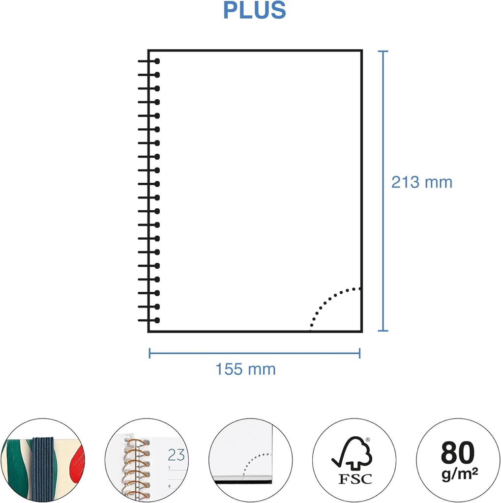 Agenda 2026 semana vista, Similar A5+ (155 x 213 mm), Planificación semanal, Cubierta rígida cartón, Espiral, Cierre goma elástica, Papel 80 g/m², Español-EN-PT, Anémona Miquelrius