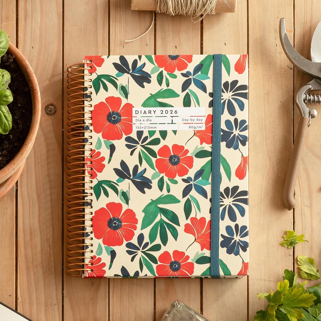 Agenda 2026 semana vista, Similar A5+ (155 x 213 mm), Planificación semanal, Cubierta rígida cartón, Espiral, Cierre goma elástica, Papel 80 g/m², Español-EN-PT, Anémona Miquelrius