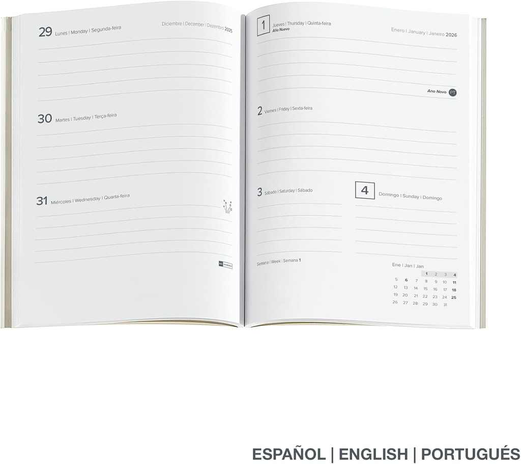 Agenda 2026 semana vista, Flexible y fácil de llevar (122 x 168 mm), Cubierta cosida suave tipo piel, Papel 80 g/m², Planificación semanal, Español-EN-PT, Cuadros silver Miquelrius